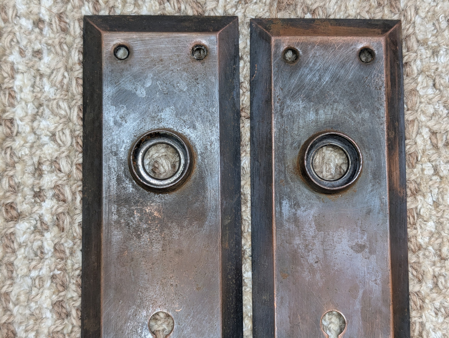 Pair 2 1/4" x 7 1/8" Antique Japanned Stamped Steel Door Knob Plates