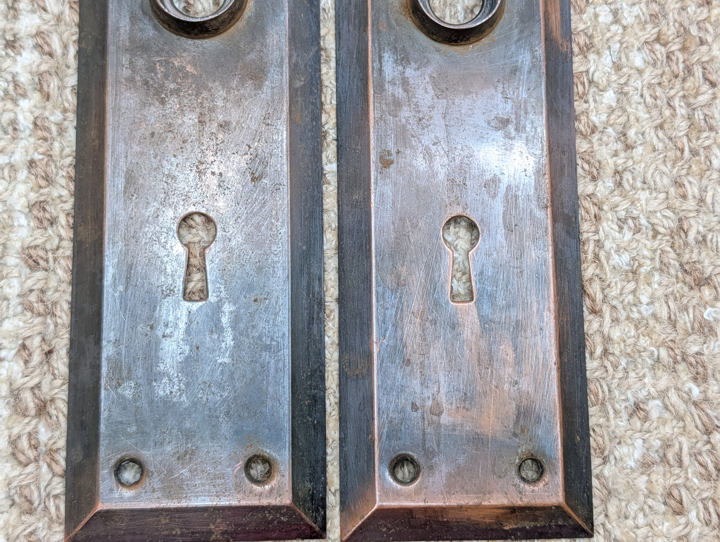 Pair 2 1/4" x 7 1/8" Antique Japanned Stamped Steel Door Knob Plates