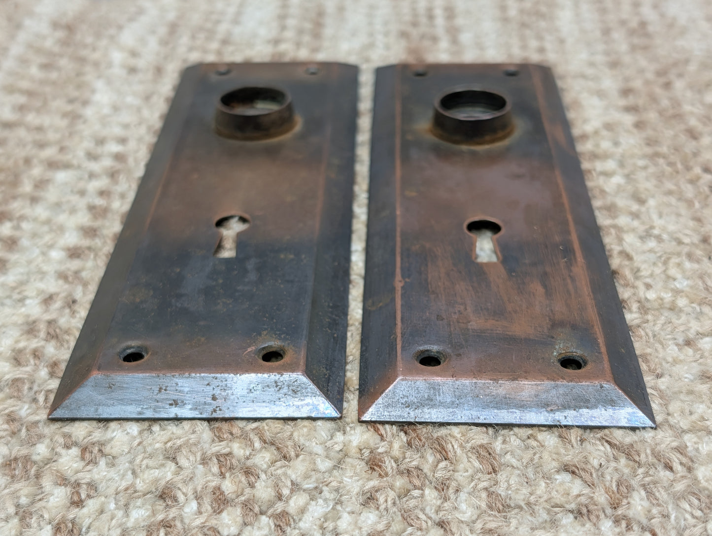 Pair 2 1/4" x 7 1/8" Antique Japanned Stamped Steel Door Knob Plates
