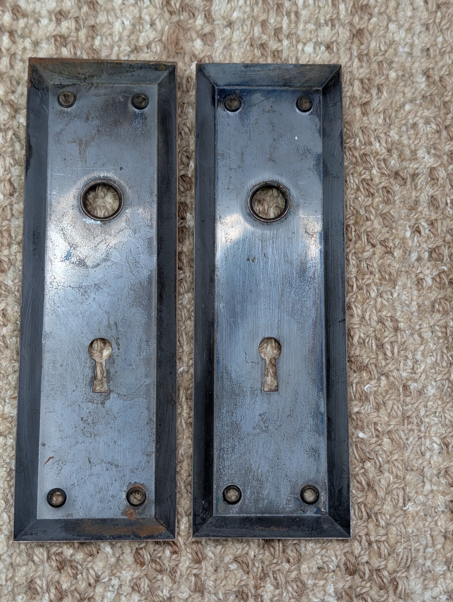 Pair 2 1/4" x 7 1/8" Antique Japanned Stamped Steel Door Knob Plates