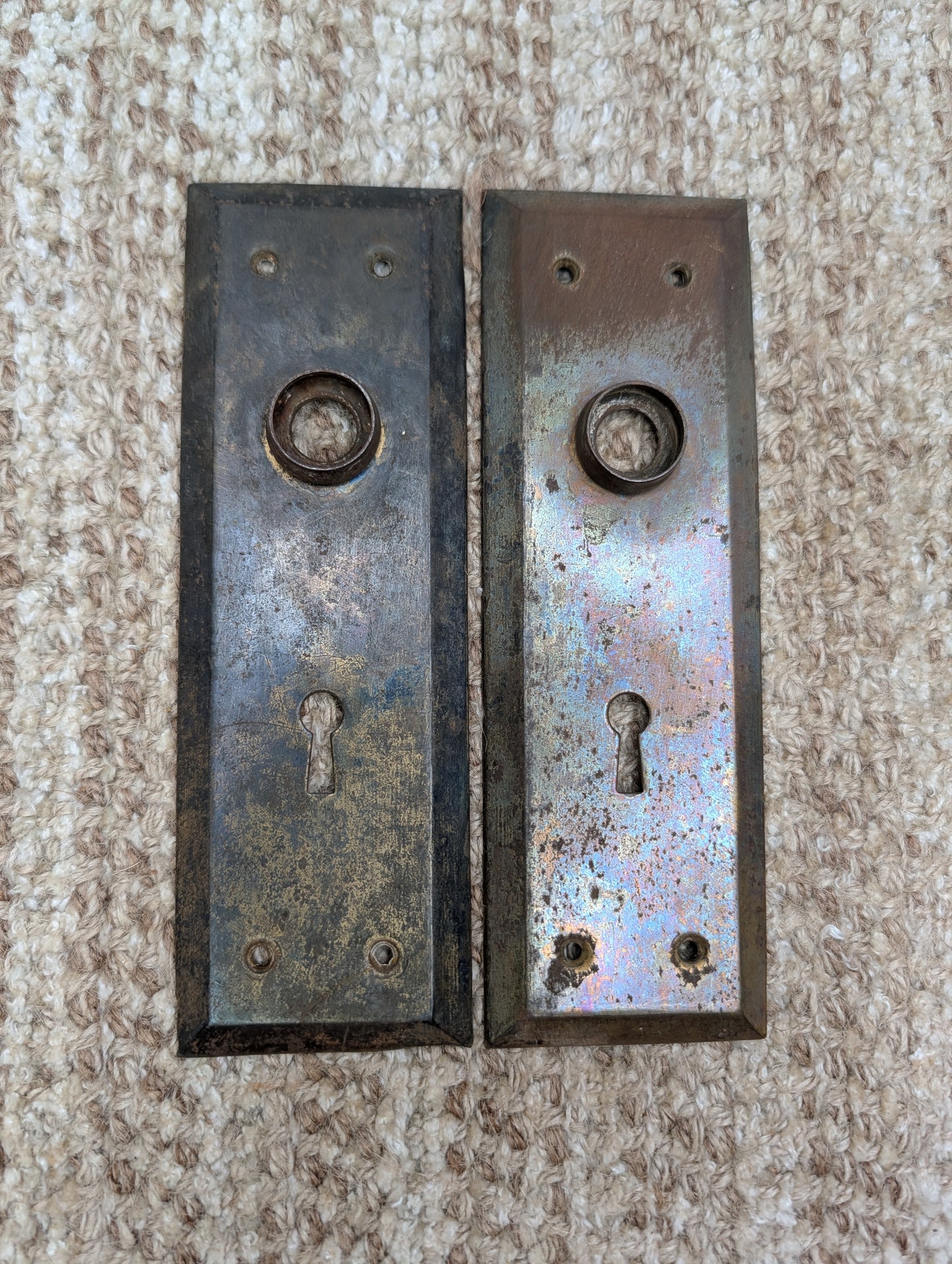 Pair 2 3/16" x 7 1/8" Antique Stamped Steel Door Knob Plates