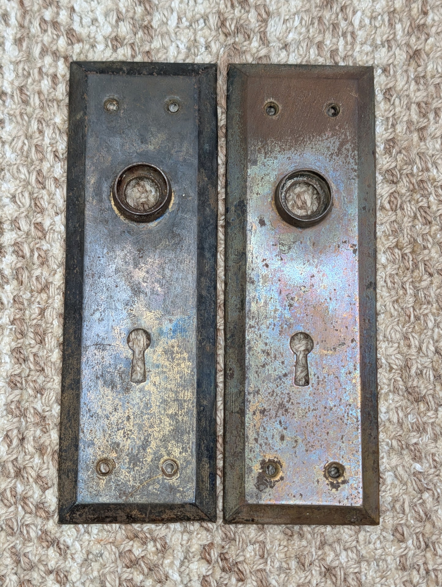 Pair 2 3/16" x 7 1/8" Antique Stamped Steel Door Knob Plates