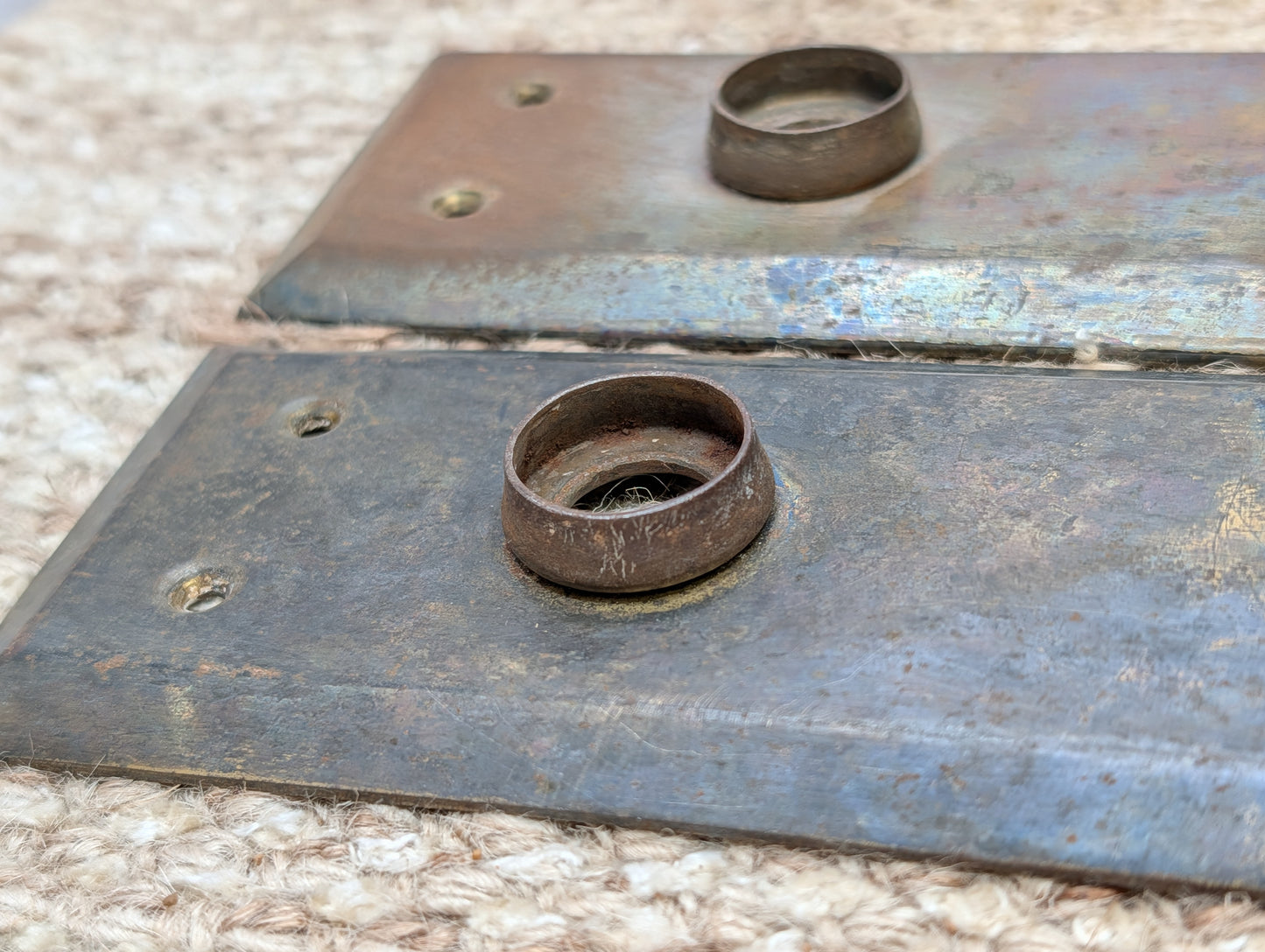 Pair 2 3/16" x 7 1/8" Antique Stamped Steel Door Knob Plates