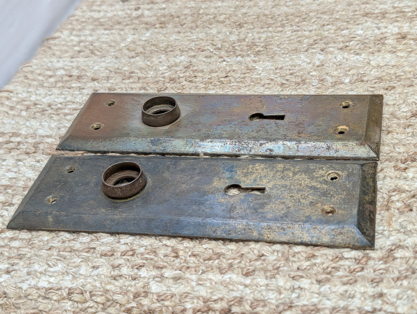 Pair 2 3/16" x 7 1/8" Antique Stamped Steel Door Knob Plates