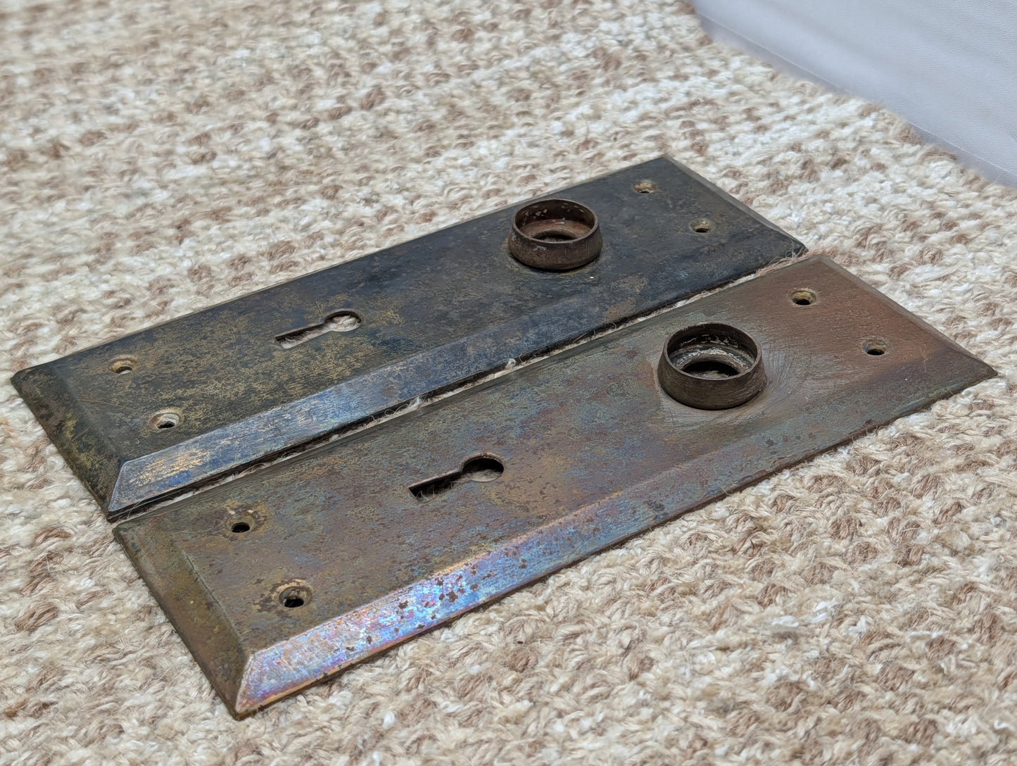 Pair 2 3/16" x 7 1/8" Antique Stamped Steel Door Knob Plates