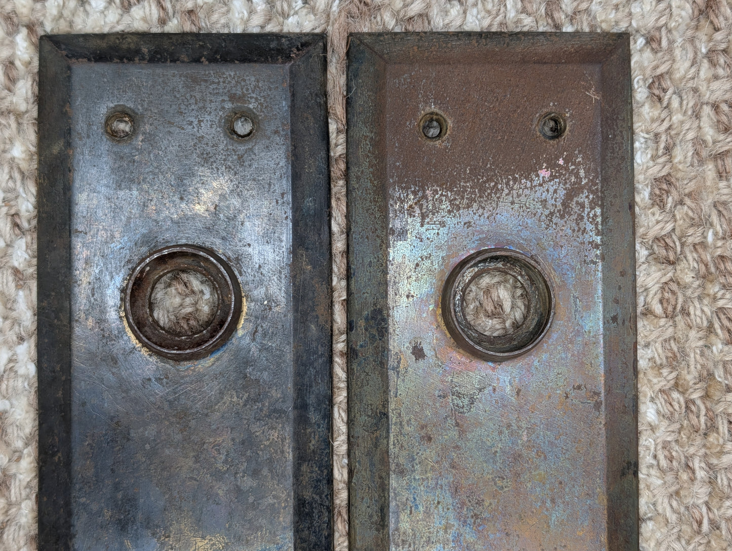 Pair 2 3/16" x 7 1/8" Antique Stamped Steel Door Knob Plates