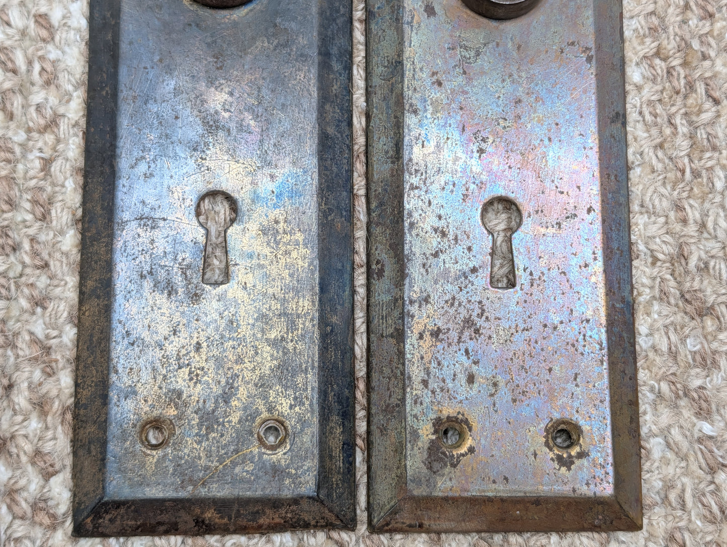 Pair 2 3/16" x 7 1/8" Antique Stamped Steel Door Knob Plates