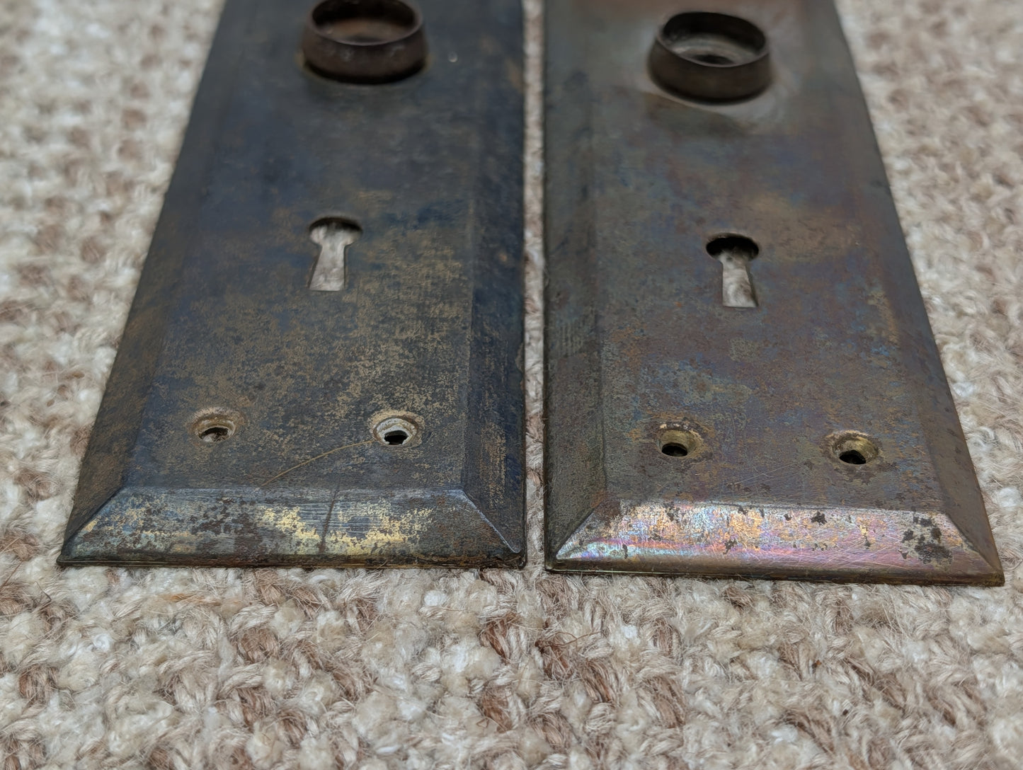 Pair 2 3/16" x 7 1/8" Antique Stamped Steel Door Knob Plates