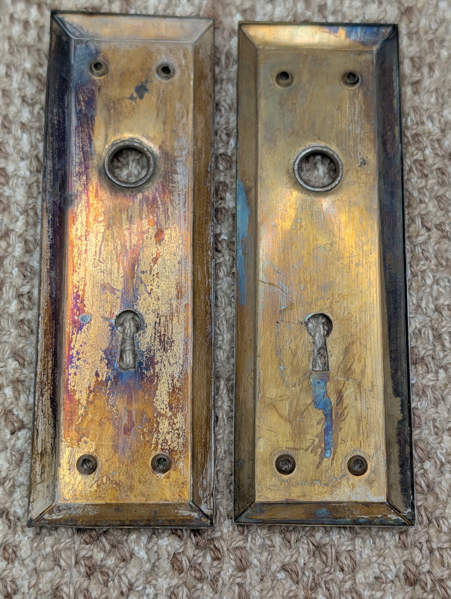 Pair 2 3/16" x 7 1/8" Antique Stamped Steel Door Knob Plates