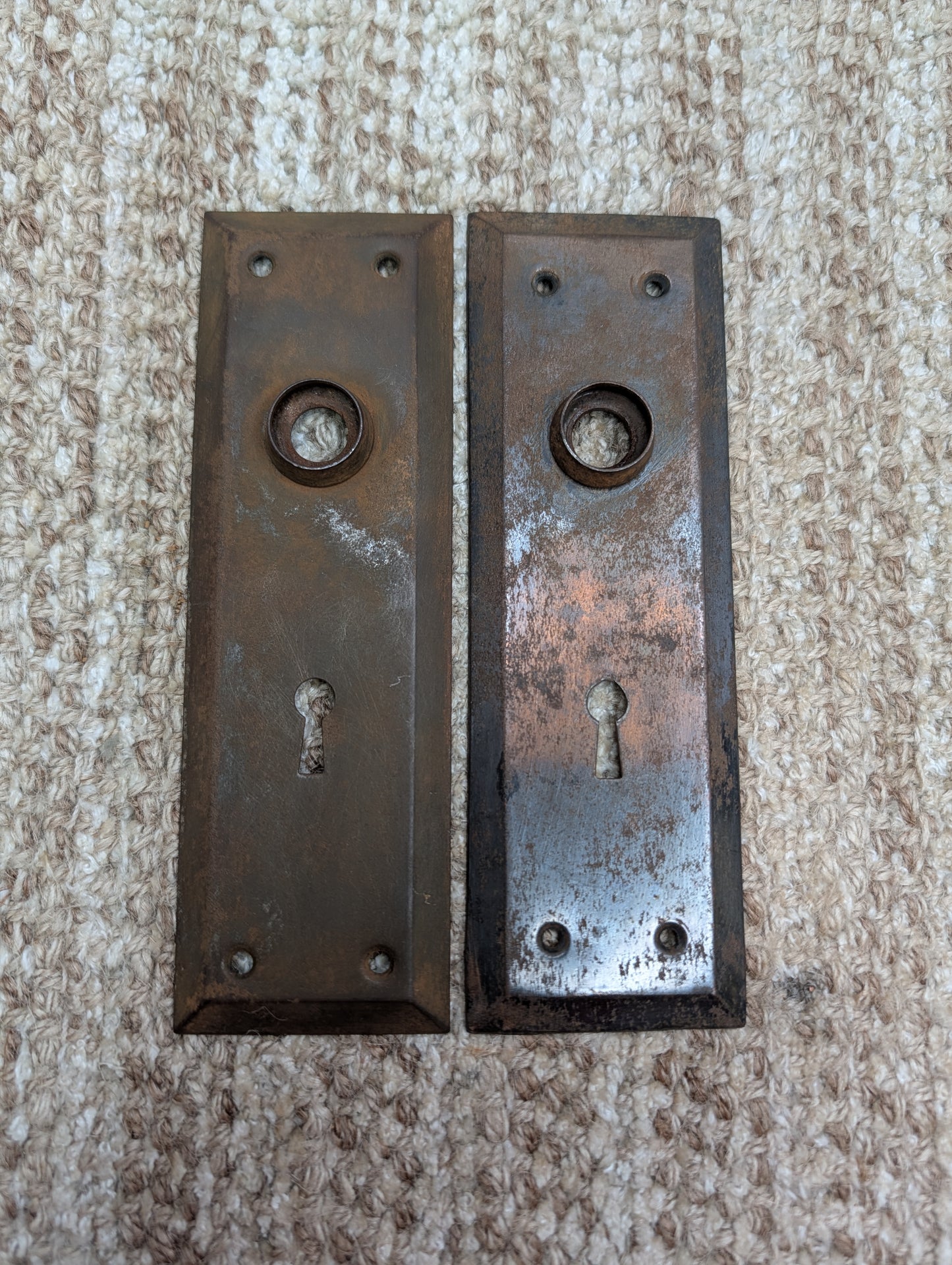 Pair 2 3/16" x 7 1/8" Antique Stamped Steel Door Knob Plates