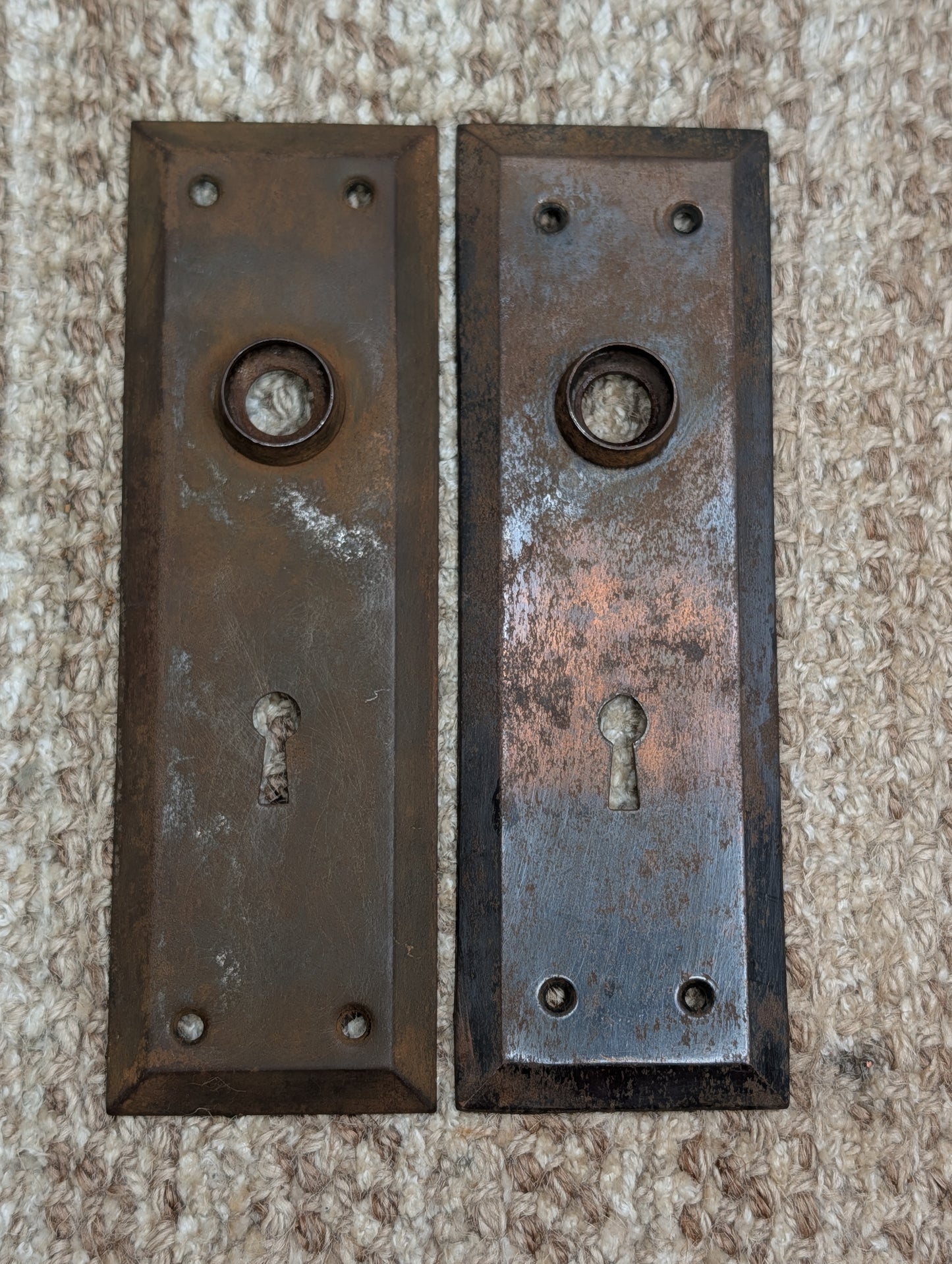 Pair 2 3/16" x 7 1/8" Antique Stamped Steel Door Knob Plates