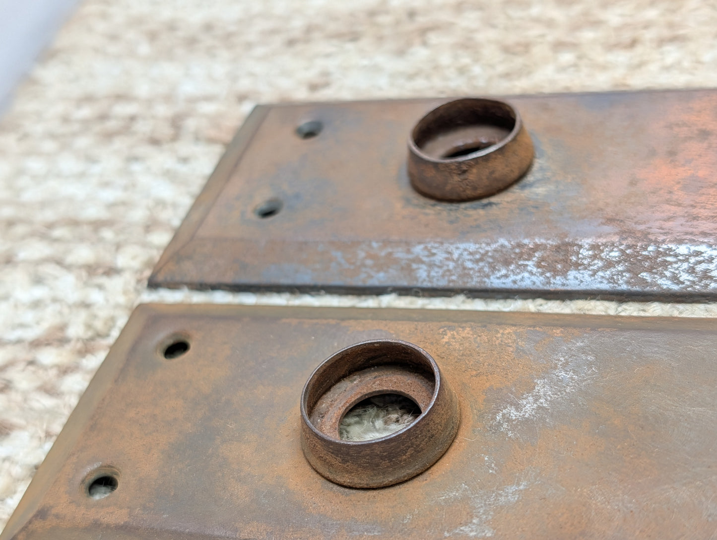 Pair 2 3/16" x 7 1/8" Antique Stamped Steel Door Knob Plates