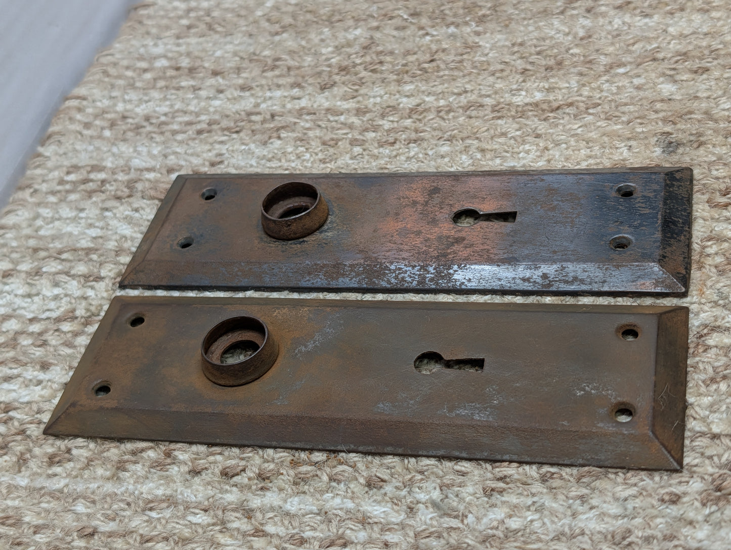 Pair 2 3/16" x 7 1/8" Antique Stamped Steel Door Knob Plates