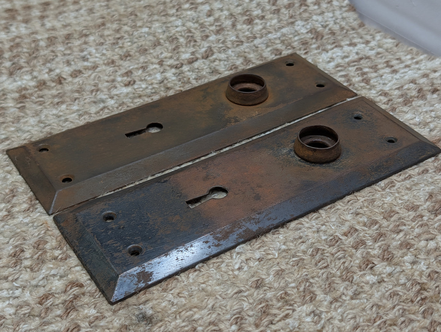 Pair 2 3/16" x 7 1/8" Antique Stamped Steel Door Knob Plates