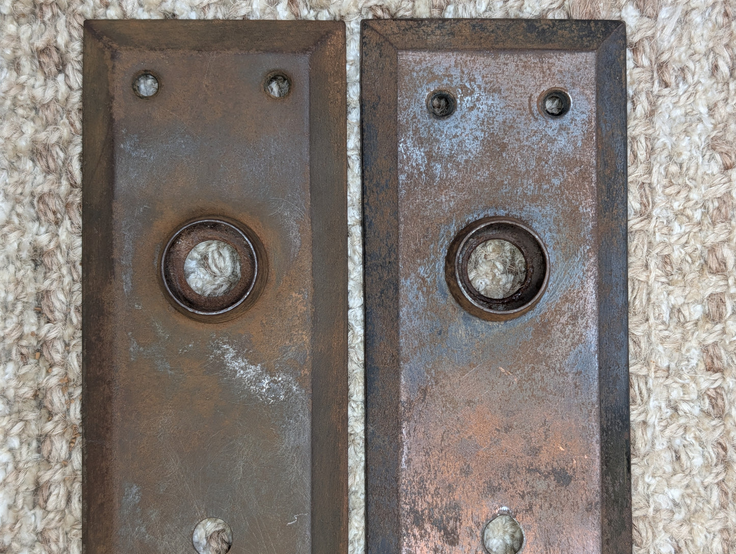 Pair 2 3/16" x 7 1/8" Antique Stamped Steel Door Knob Plates