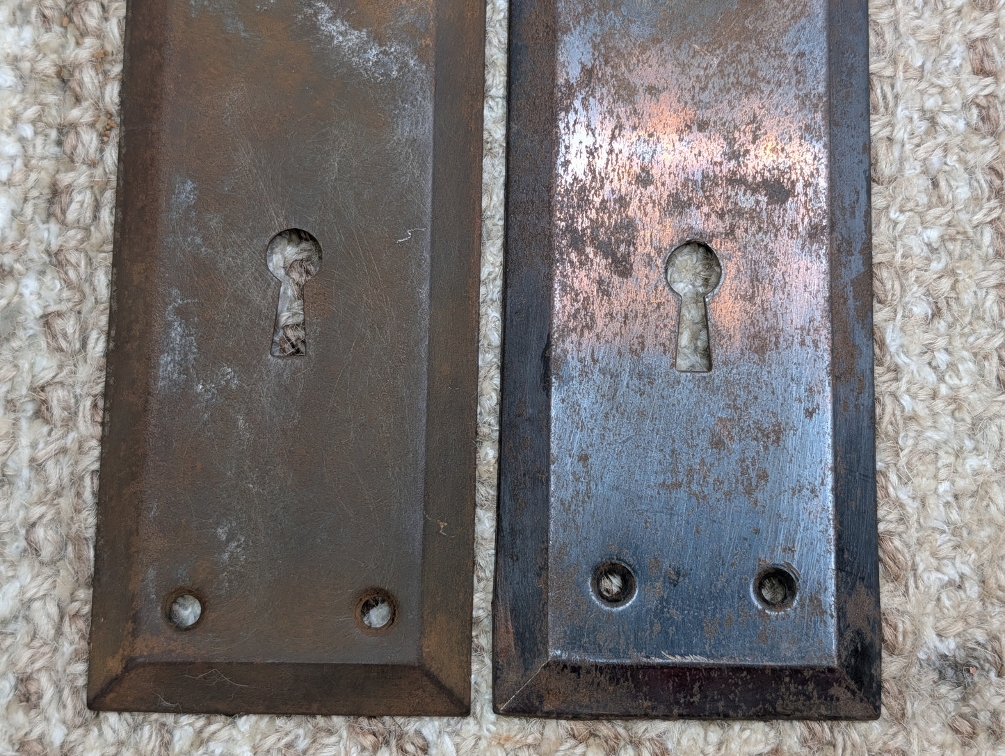 Pair 2 3/16" x 7 1/8" Antique Stamped Steel Door Knob Plates