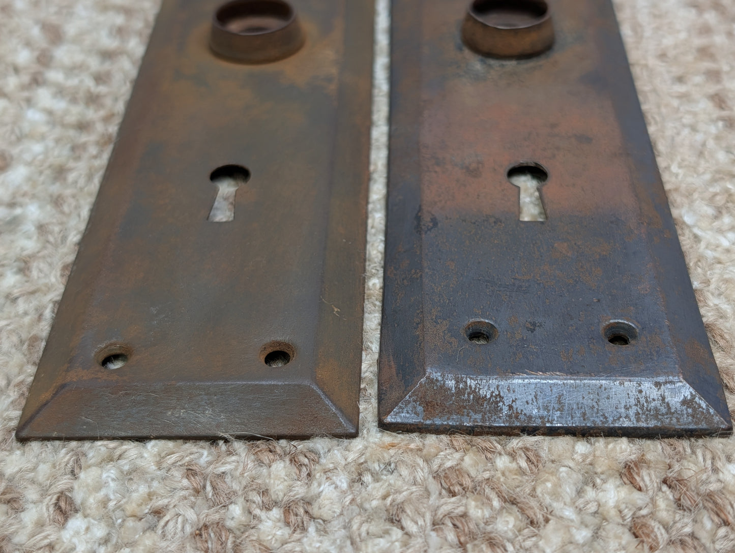 Pair 2 3/16" x 7 1/8" Antique Stamped Steel Door Knob Plates
