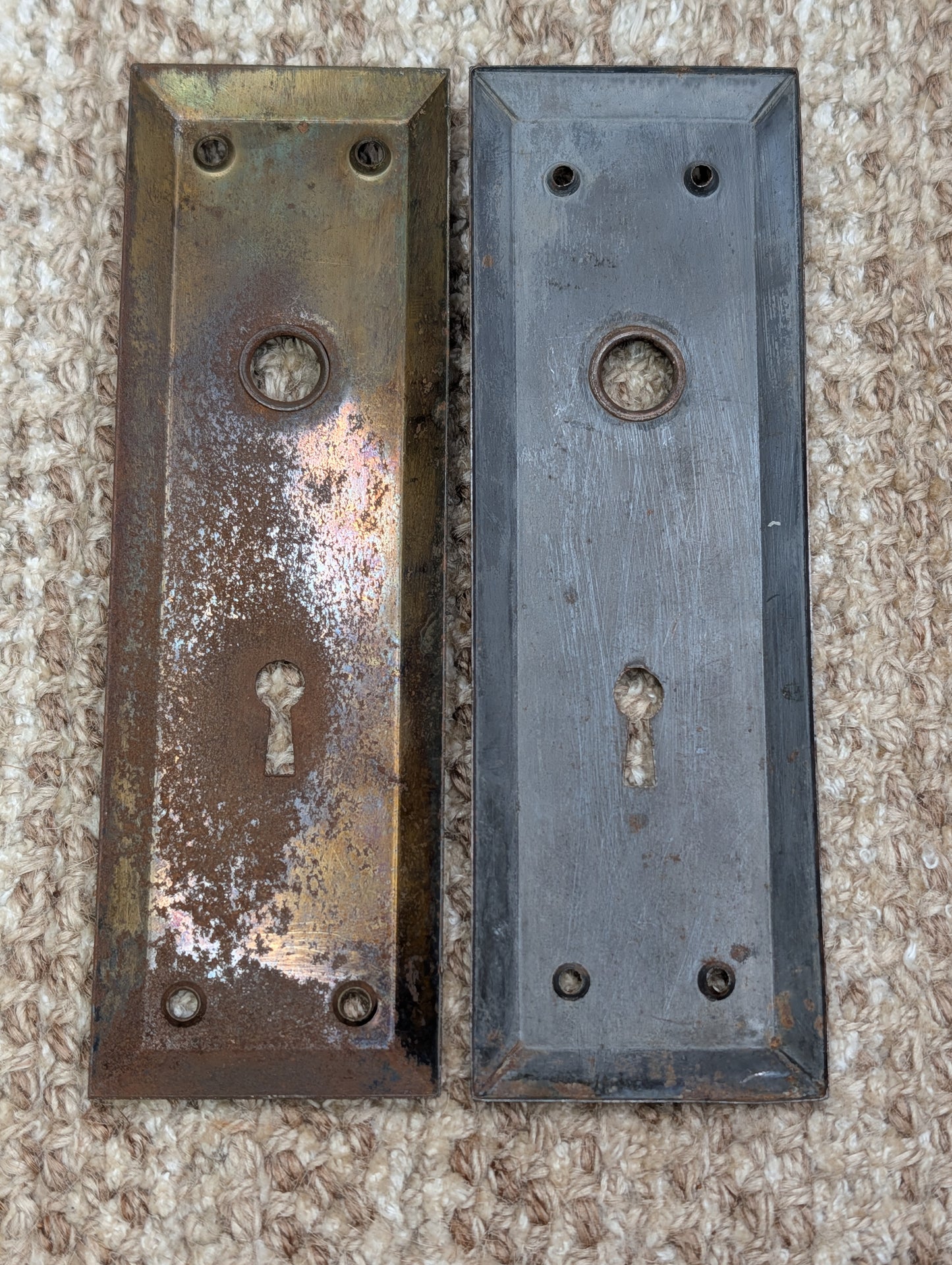 Pair 2 3/16" x 7 1/8" Antique Stamped Steel Door Knob Plates