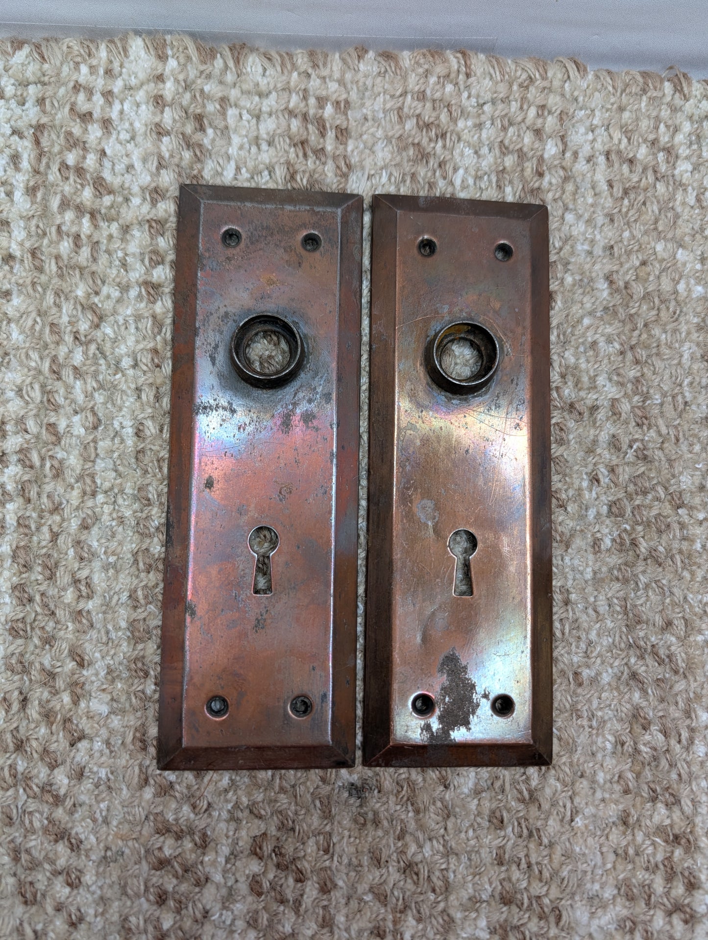 Pair 2 5/16" x 7 1/8" Antique Stamped Steel Door Knob Plates
