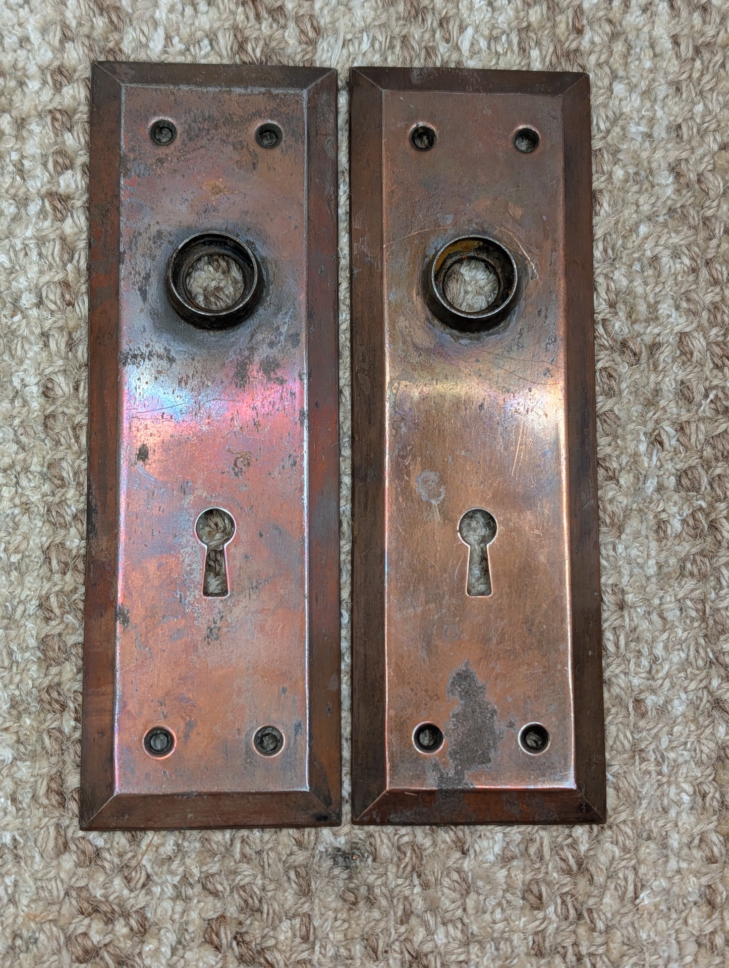 Pair 2 5/16" x 7 1/8" Antique Stamped Steel Door Knob Plates