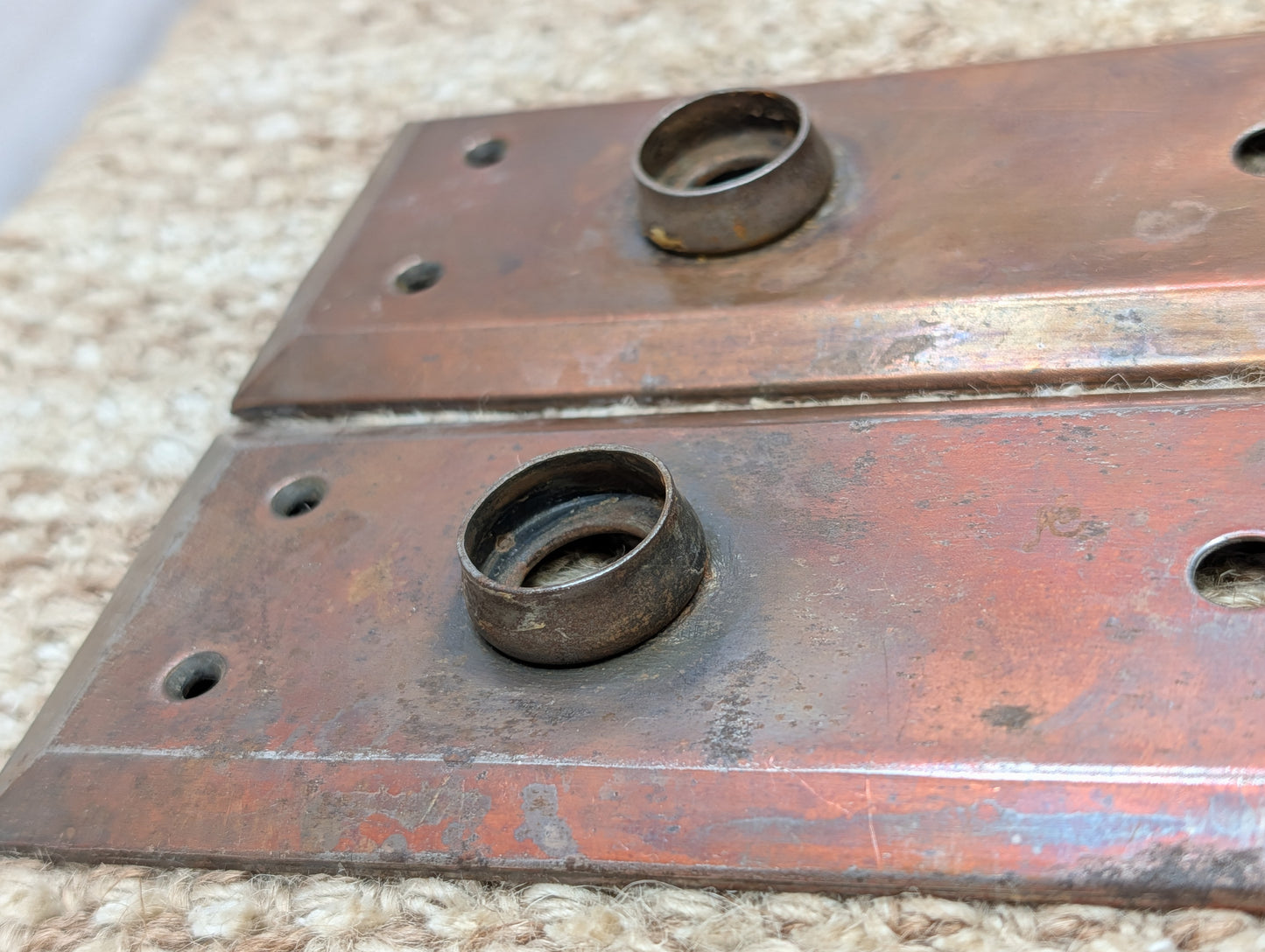 Pair 2 5/16" x 7 1/8" Antique Stamped Steel Door Knob Plates