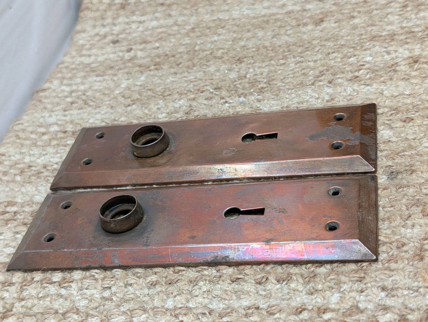 Pair 2 5/16" x 7 1/8" Antique Stamped Steel Door Knob Plates