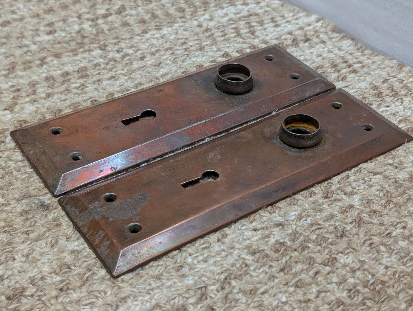 Pair 2 5/16" x 7 1/8" Antique Stamped Steel Door Knob Plates