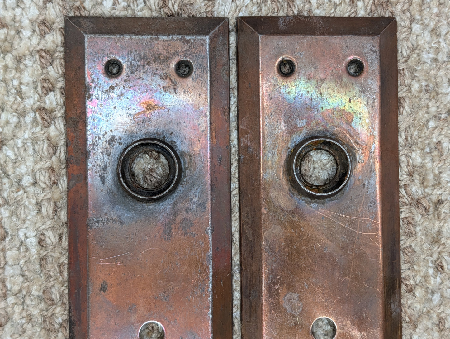Pair 2 5/16" x 7 1/8" Antique Stamped Steel Door Knob Plates