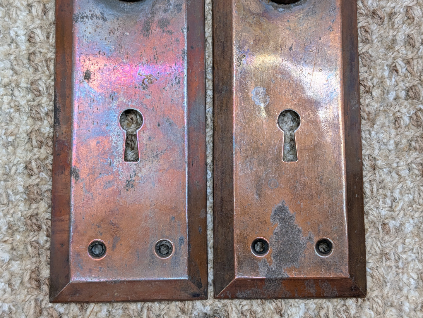 Pair 2 5/16" x 7 1/8" Antique Stamped Steel Door Knob Plates