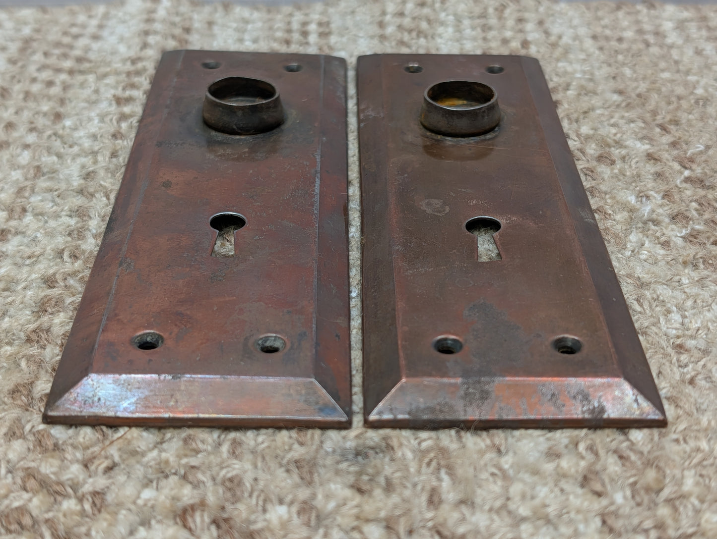 Pair 2 5/16" x 7 1/8" Antique Stamped Steel Door Knob Plates