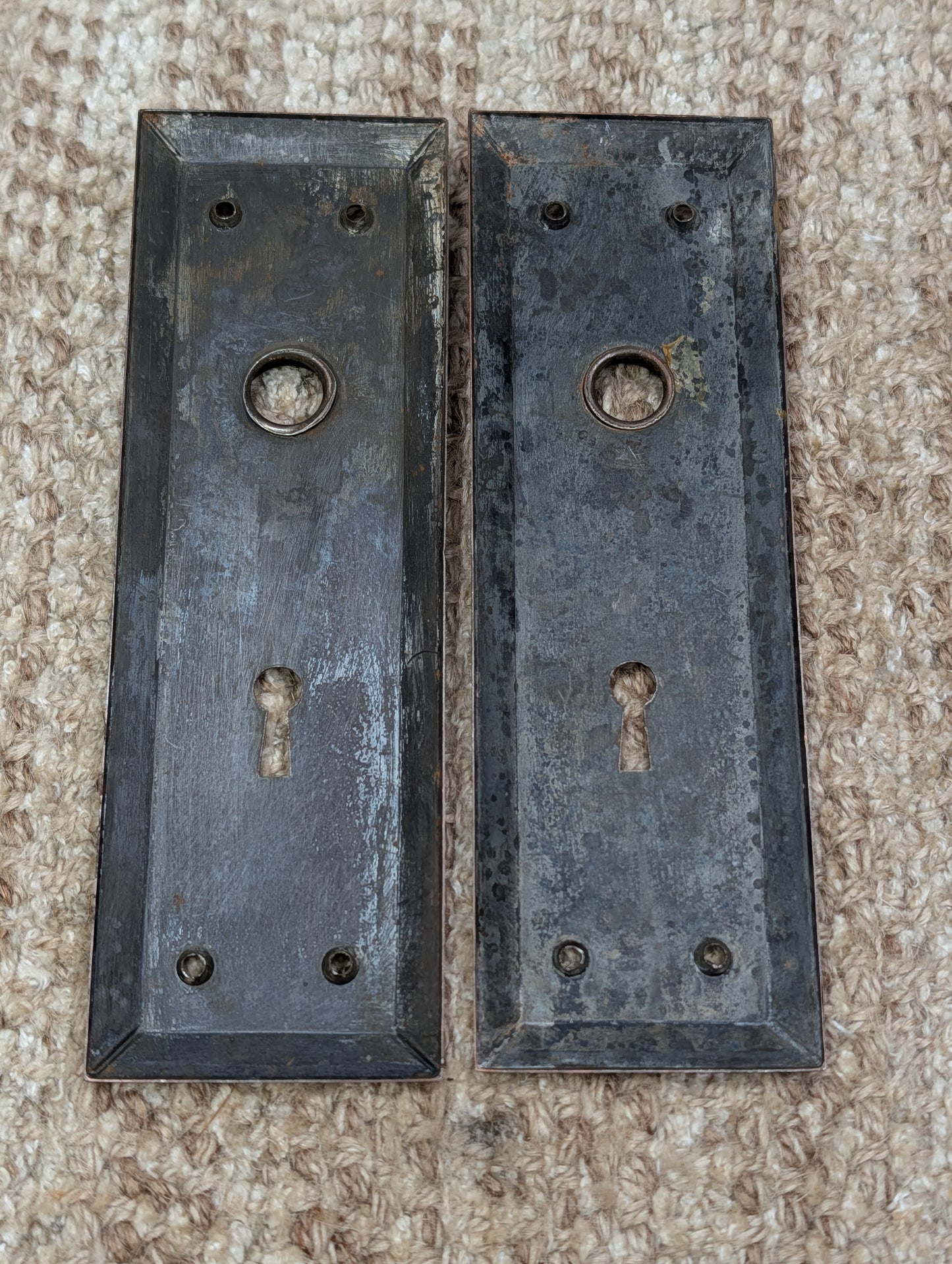 Pair 2 5/16" x 7 1/8" Antique Stamped Steel Door Knob Plates