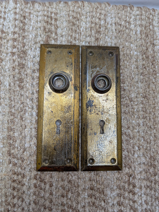 Pair 2 1/4" x 7" Antique Brass Plated Stamped Steel Door Knob Plates