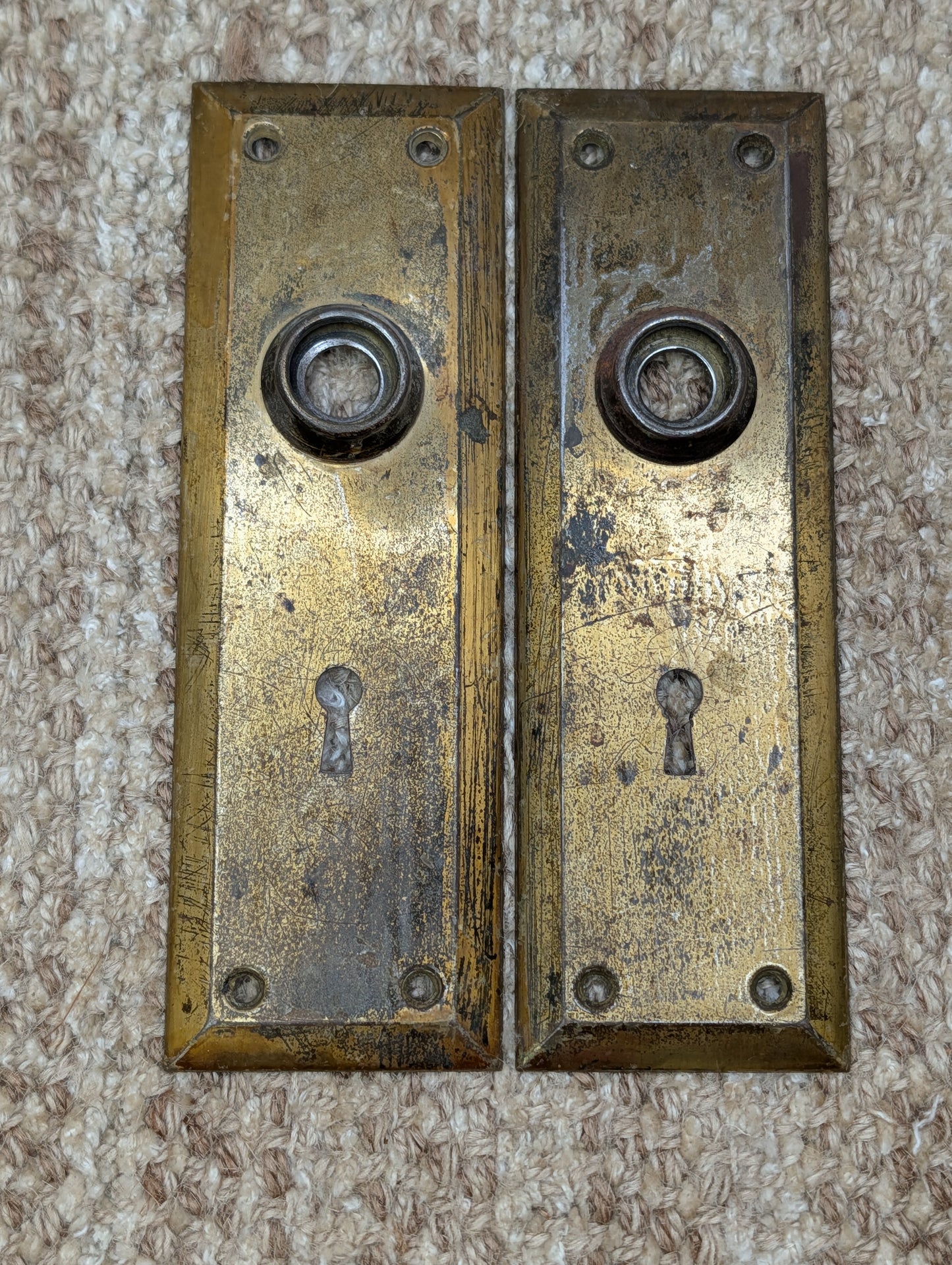 Pair 2 1/4" x 7" Antique Brass Plated Stamped Steel Door Knob Plates