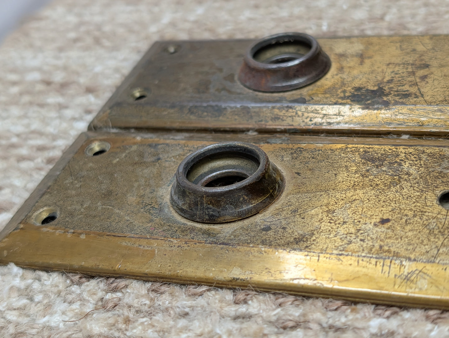 Pair 2 1/4" x 7" Antique Brass Plated Stamped Steel Door Knob Plates