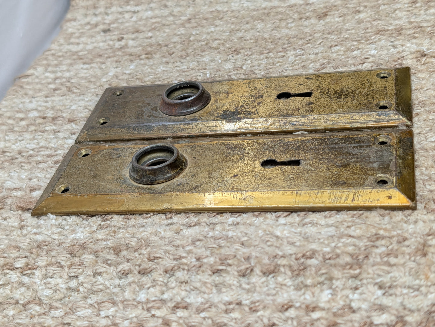 Pair 2 1/4" x 7" Antique Brass Plated Stamped Steel Door Knob Plates