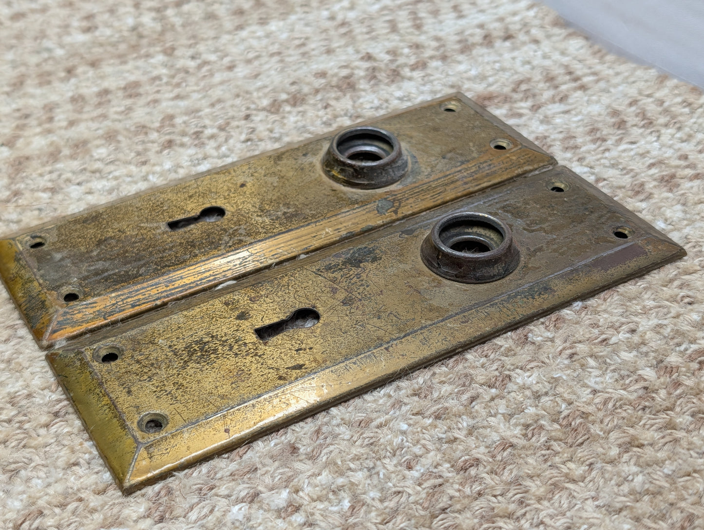 Pair 2 1/4" x 7" Antique Brass Plated Stamped Steel Door Knob Plates