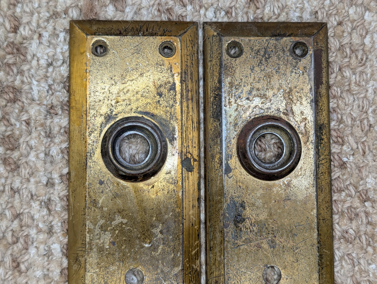 Pair 2 1/4" x 7" Antique Brass Plated Stamped Steel Door Knob Plates
