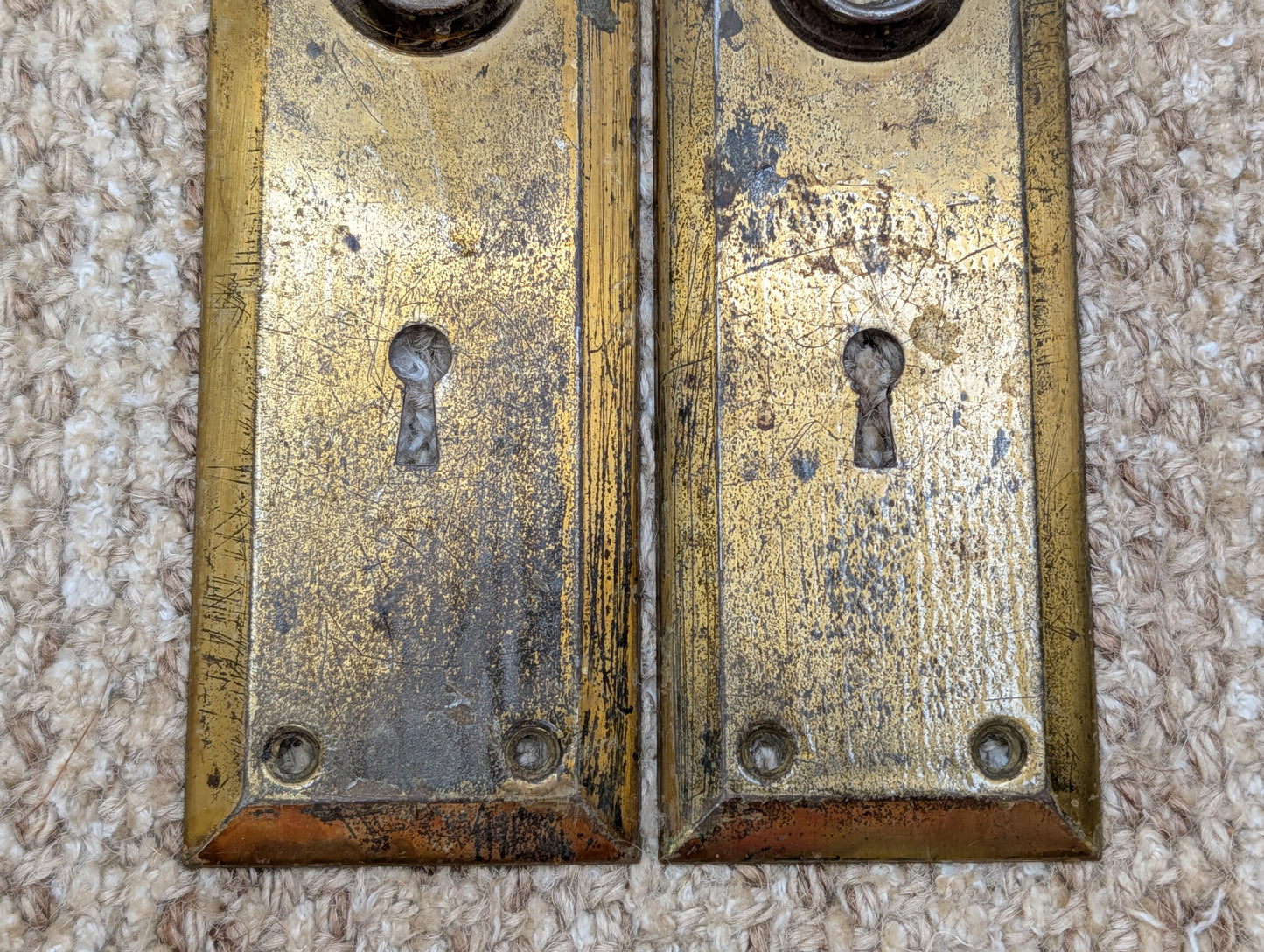 Pair 2 1/4" x 7" Antique Brass Plated Stamped Steel Door Knob Plates