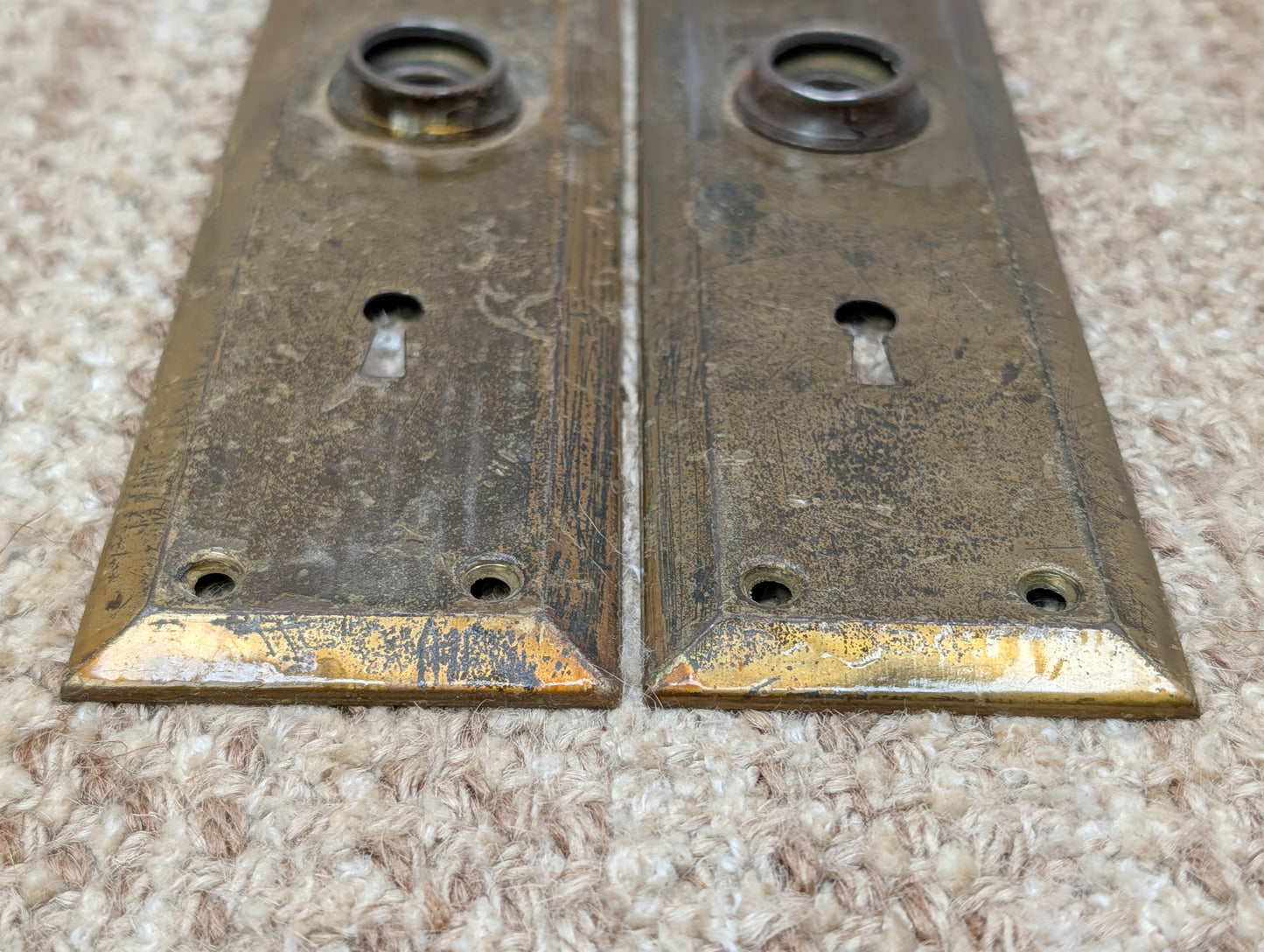 Pair 2 1/4" x 7" Antique Brass Plated Stamped Steel Door Knob Plates