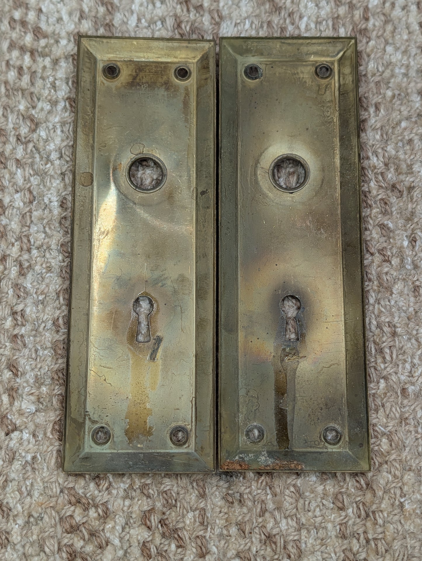 Pair 2 1/4" x 7" Antique Brass Plated Stamped Steel Door Knob Plates