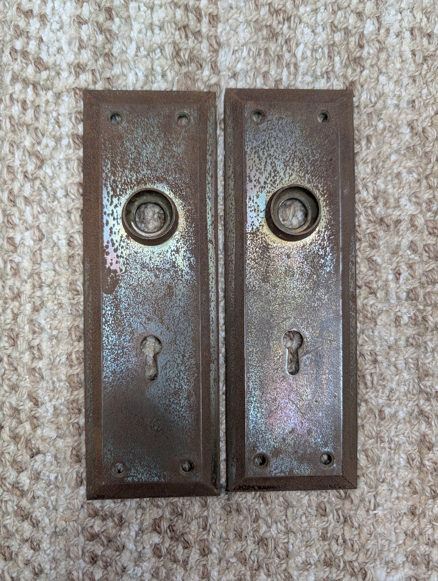Pair 2 1/4" x 7" Antique Stamped Steel Door Knob Plates