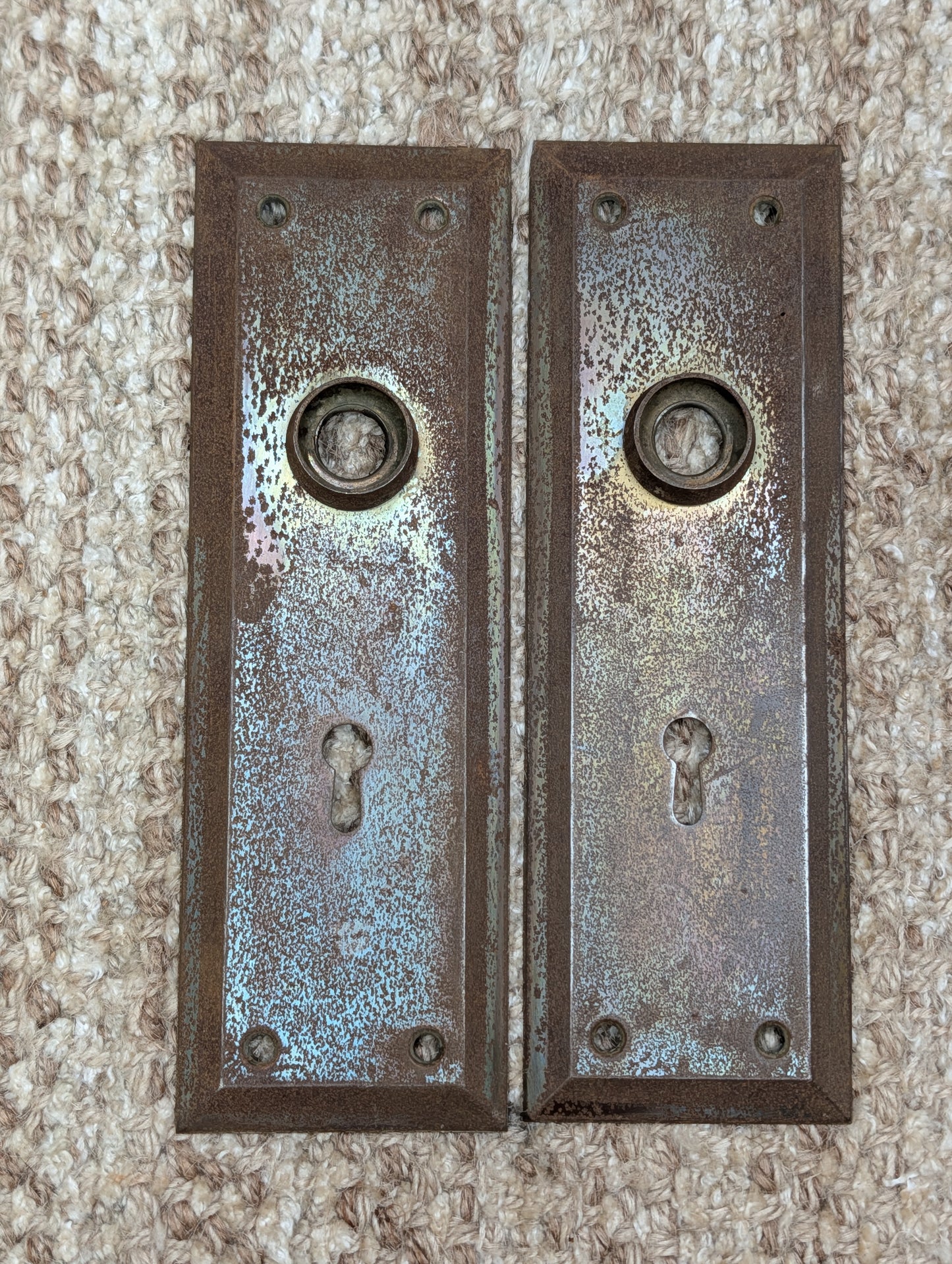 Pair 2 1/4" x 7" Antique Stamped Steel Door Knob Plates