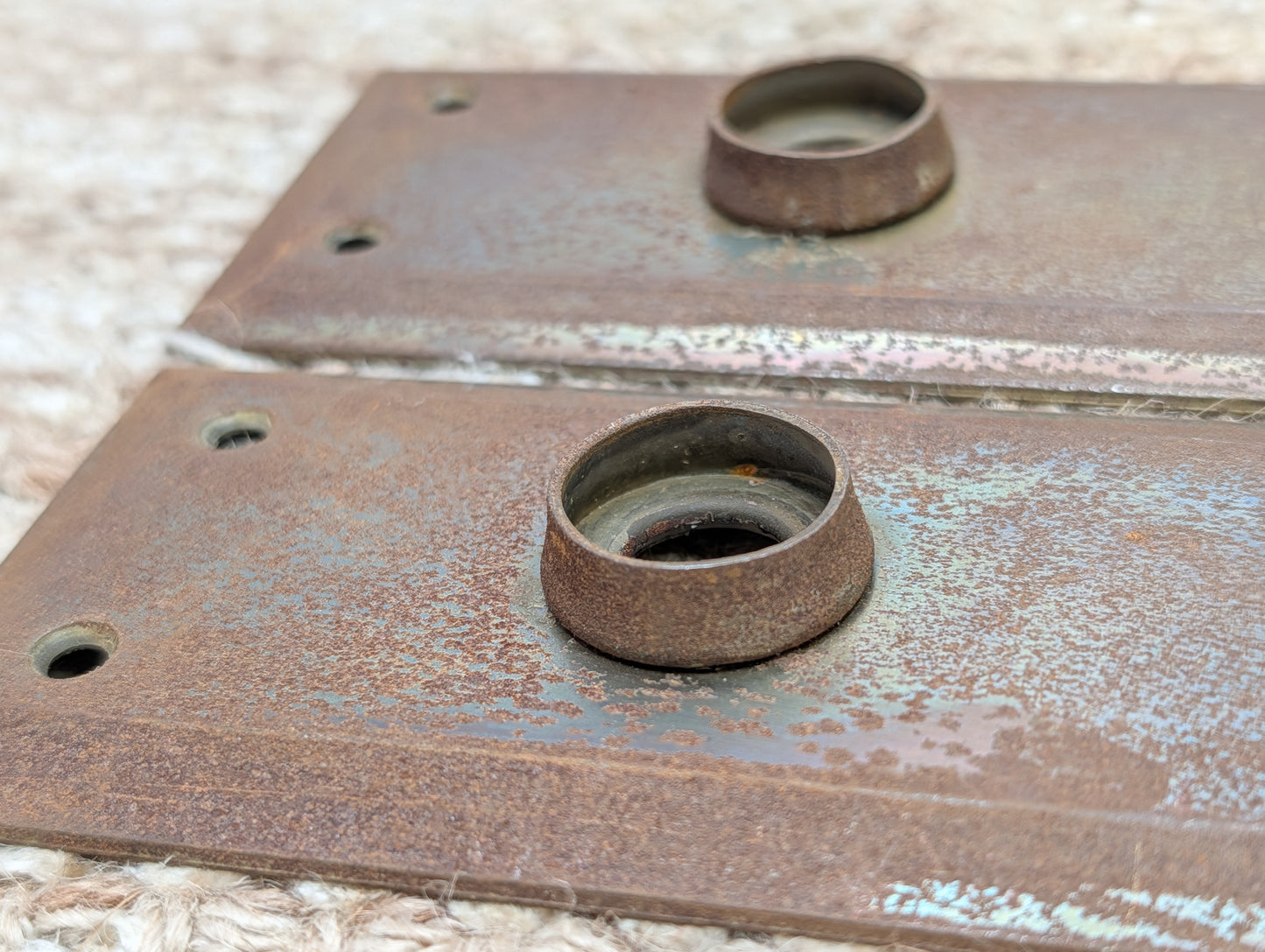 Pair 2 1/4" x 7" Antique Stamped Steel Door Knob Plates
