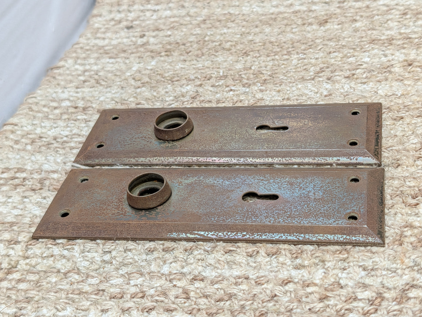 Pair 2 1/4" x 7" Antique Stamped Steel Door Knob Plates