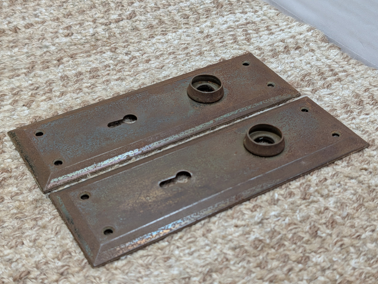 Pair 2 1/4" x 7" Antique Stamped Steel Door Knob Plates