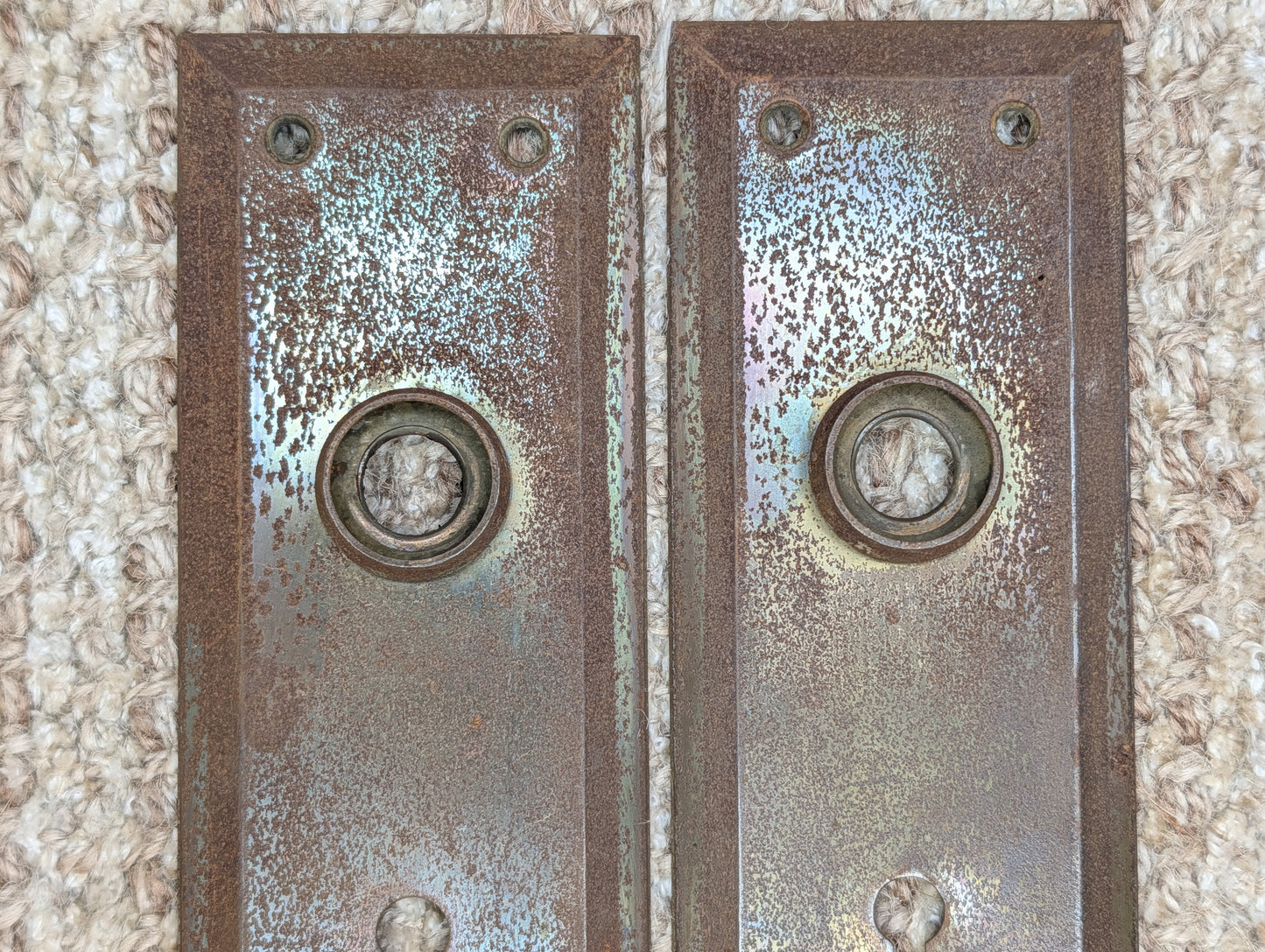Pair 2 1/4" x 7" Antique Stamped Steel Door Knob Plates
