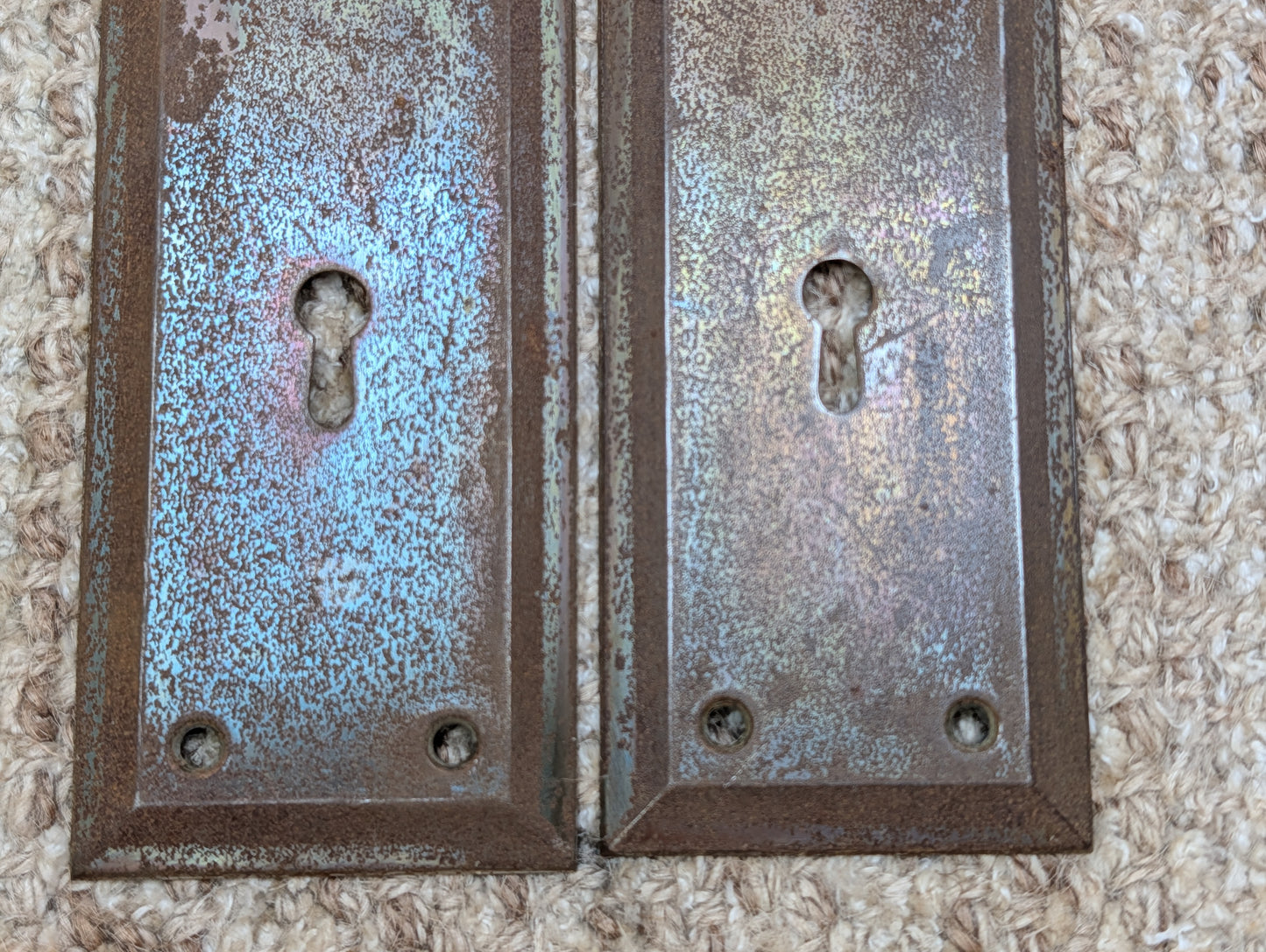 Pair 2 1/4" x 7" Antique Stamped Steel Door Knob Plates
