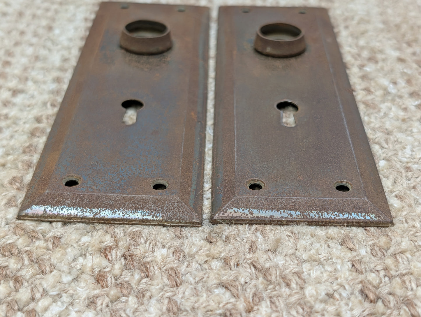 Pair 2 1/4" x 7" Antique Stamped Steel Door Knob Plates