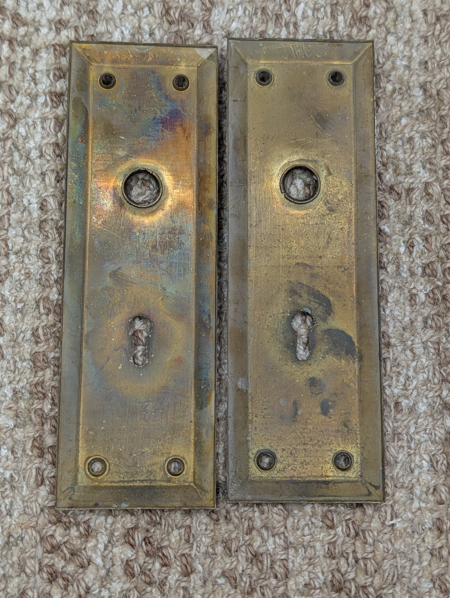Pair 2 1/4" x 7" Antique Stamped Steel Door Knob Plates