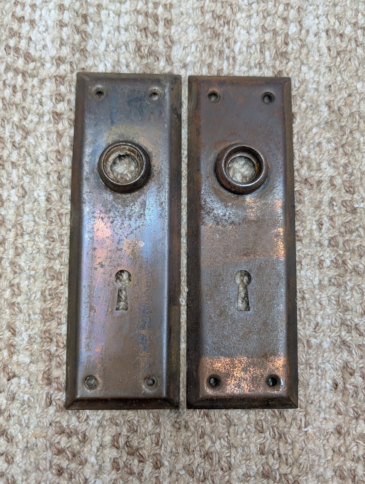Pair 2 1/4" x 7" Antique Stamped Steel Door Knob Plates